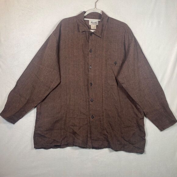 Flax by Angelheart 100% Linen Button Down Shirt – Brown, Size L - Picture 1 of 11